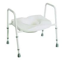 This image shows a raised toilet seat with a metal frame. The frame has 4 legs with grey rubber ferrules. It has arms that people can use to help people get off the toilet.