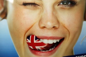 a female tongue with the union jack painted on it.
