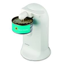 this image shows a white electric can opener and a green tin