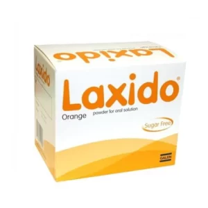 This images shows a box of Laxido laxative sachets. The colours are a light orange for the wording on a white background