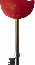 Access to Disabled Toilets. Image shows a Radar key. It is a long, old fashioned key with a red fob. The fob looks is a squashed heart shape and has the letters NKS on and a wheelchair logo