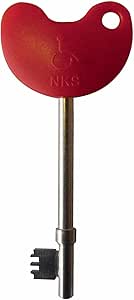 Access to Disabled Toilets. Image shows a Radar key. It is a long, old fashioned key with a red fob. The fob looks is a squashed heart shape and has the letters NKS on and a wheelchair logo