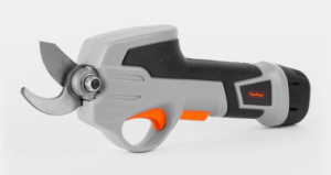 This image shows a pair of electric secateurs. They are grey and black with orange operation buttons