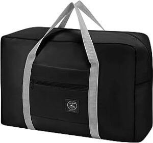 Prepare a Hospital Bag. This image shows a black rectangular holdall with canvas straps in grey.