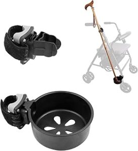 Image shows a cup and clip system for attaching a walking stick to a rollator. It shows the two components in black and a silhouette of rollator in the background 