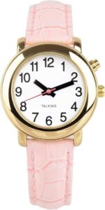 Talking Watches. This image shows a talking watch. It is a ladies one with a pale pink strap and gold rim. It has a white clock face and clear black numbers and hands. It also has a red second hand