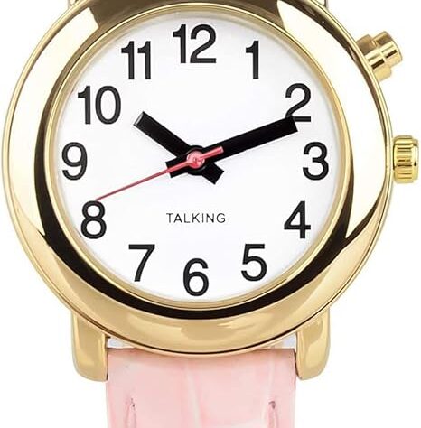 Talking Watches. This image shows a talking watch. It is a ladies one with a pale pink strap and gold rim. It has a white clock face and clear black numbers and hands. It also has a red second hand