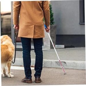 Why visually impaired people use white sticks? Image shows a man and a dog. The man is using a white stick. He is wearing a light brown coat and the dog is a large one and is brown and white.
