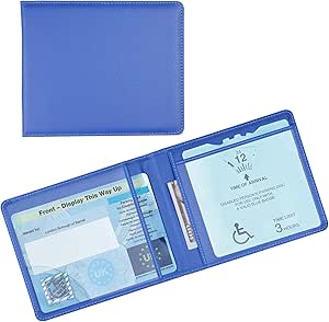 Blue Badge Scheme. Image shows a blue parking permit in a blue holder. The holder has two sides and the permit is in one side and the time indicator the other