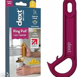 Help opening ring-pull cans. Image shows a dext ring-pull opener in a dark pink colour. It's a J shaped tool with two hooks designed to lift the ring-pull and then lever the lid open