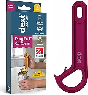 Help opening ring-pull cans. Image shows a dext ring-pull opener in a dark pink colour. It's a J shaped tool with two hooks designed to lift the ring-pull and then lever the lid open