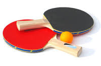 this image shows a black and a red table tennis bat and an orange table tennis ball.