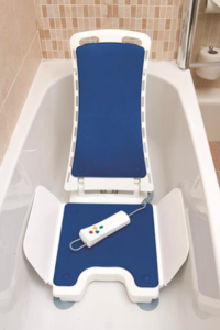 This shows a bath seat with a blue liner for clarity. It is one of the models that allows an elderly person to sit right in the bath