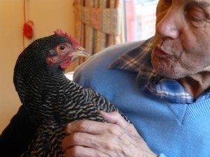 this image shows a man holding a hen