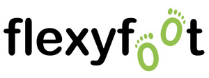 this image shows the word flexyfoot in black text and a green footprint
