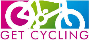 this image shows the Get Cycling logo of a bike with a purple green and blue background