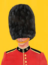 this image shows a painted picture of one of the Queens guards in his red jacket and busby