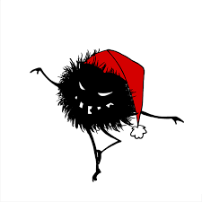 this image shows a furry bug with spindly arms and legs in a Christmas hat 