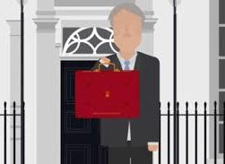 `this image shows a cartoon of the Chancellor of the Exchequer out side Downing Street holding the Budget briefcase.