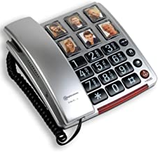 This image shows a big button phone with six photographs of people someone who someone you would call on a regular basis. The phone pictured is silver in colour