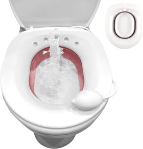 Image shows a bidet pan that fits inside a toilet. It has 6 holes at the back for the water to spray through. The bidet pan is white with a pink oval rim at the base.