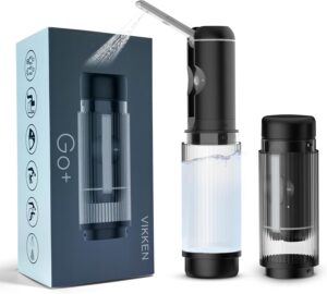 Portable Bidet. Image shows a VIKKEN Go max travel bidet. It shows the box which is grey with a picture of the bidet on and the actual product to the side. The best way to describe the item is its similar to a short light sabre upside down. It also has a nozzle at the top where the water comes from 