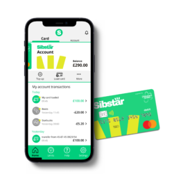 Sibstar is the first payment card designed to help people with dementia safely manage their money. This image shows the app on a smart phone and it has a yellow and green colour scheme. It shows details of recent payments and transfers. The Sibstar payment card is bright green with what looks like three yellow fingers on it!