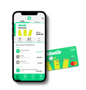  Sibstar is the first payment card designed to help people with dementia safely manage their money. This image shows the app on a smart phone and it has a yellow and green colour scheme. It shows details of recent payments and transfers. The Sibstar payment card is bright green with what looks like three yellow fingers on it!