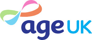 Work with me. This is the Age UK logo. It has the wording Age UK in purple and a multi-coloured ribbon.