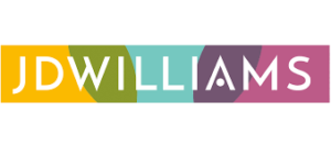 Work with me. This image shows the JD Williams fashion brand logo. It is a narrow rectangle with yellow, green, turquoise, purple and pink swirls. The lettering JDWilliams is in white capitals
