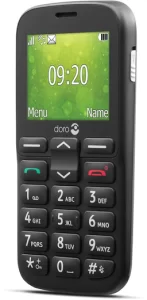 This image shows a phone for people with hearing loss. It looks like an old style phone before smart phones were around. It is predominantly black with a green screen.