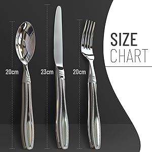Stylish cutlery for shaky hands. This image shows a stainless steel spoon, knife and fork in that order against a black background. The sizes for each item are printed beside them. The spoon is 20cm long , the knife 23cm and the fork 20cm.