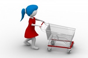 woman in a red dress with blue hair pushing an empty shopping trolley