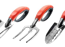 Tools for elderly gardeners. This image shows 3 gardening hand tools, trowel, fork and transplanting trowel. The tools are stainless steel and have dark orange handles which are oval in shape and ergonomic