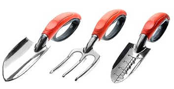 Tools for elderly gardeners. This image shows 3 gardening hand tools, trowel, fork and transplanting trowel. The tools are stainless steel and have dark orange handles which are oval in shape and ergonomic