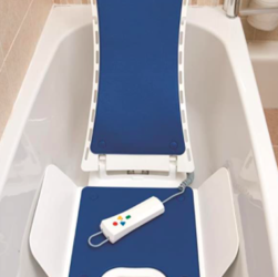 This shows a bath seat with a blue liner for clarity. It is one of the models that allows an elderly person to sit right in the bath