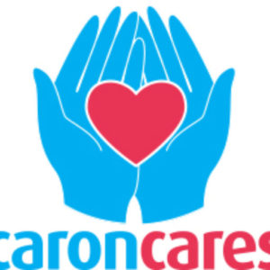 this image is showing the logo for Caron Cares. This is two blue hands and a red heart and the word caron in blue and cares in red.