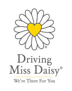 this image shows a yellow heart with daisy petals and the wording "Driving Miss Daisy"