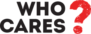 this image shows the words "Who cares' in black with a red question mark