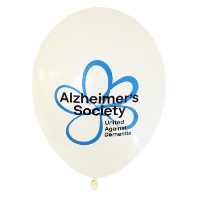 this image shows a balloon from the alz society. It is white with a blue flower.