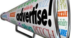 this image shows a loud hailer with words to do with advertising such as Buzz and Pitch