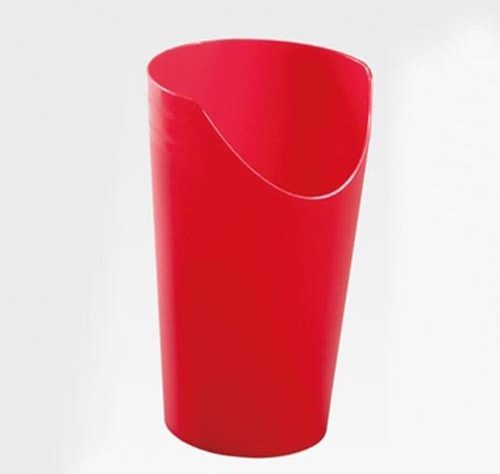 This image shows a red plastic cup with a section cut away.