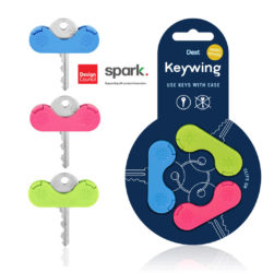 this image shows a set of 3 brightly coloured key holders designed for people with arthritic fingers