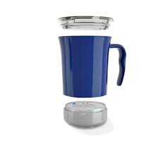 this image shows a dark blue mug with a clear lid and a battery operated reminder system that screws onto the cup