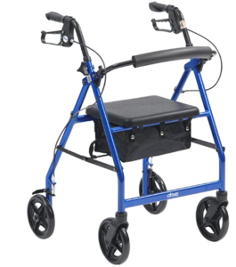 This image shows a lighweight rollator walking aid in blue