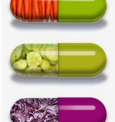 Vitamin & mineral deficiency in our elderly. The image for this post shows 3 capsules. The top one contains carrot rings and has one clear end and one bright green end. The second capsule is the same but contains slices of cucumber. The bottom one is purple in colour and contains shredded red cabbage