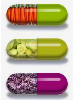 Vitamin & mineral deficiency in our elderly. The image for this post shows 3 capsules. The top one contains carrot rings and has one clear end and one bright green end. The second capsule is the same but contains slices of cucumber. The bottom one is purple in colour and contains shredded red cabbage