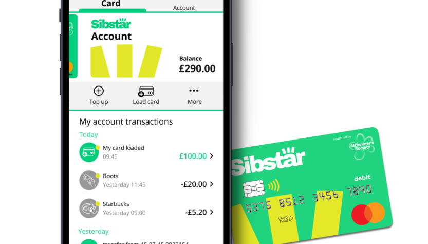 Sibstar is the first payment card designed to help people with dementia safely manage their money. This image shows the app on a smart phone and it has a yellow and green colour scheme. It shows details of recent payments and transfers. The Sibstar payment card is bright green with what looks like three yellow fingers on it!