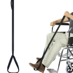 Help lifting legs. This image shows a leg lifter. This is a simple "stick" or length of metal with a loop at either end. You hold onto one loop and place the other under the sole of your foot. You can then lift your leg onto a bed, into the bath or put your foot on the footplate of a wheelchair.