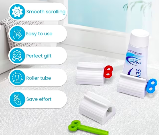 Aids to squeeze tubes. This image shows a toothpaste tube aid that helps you get product out of the tube. It shows a tube in the holder and the keys that turn the tube to squeeze the product out. The holders are white and the keys are red, green and blue plastic